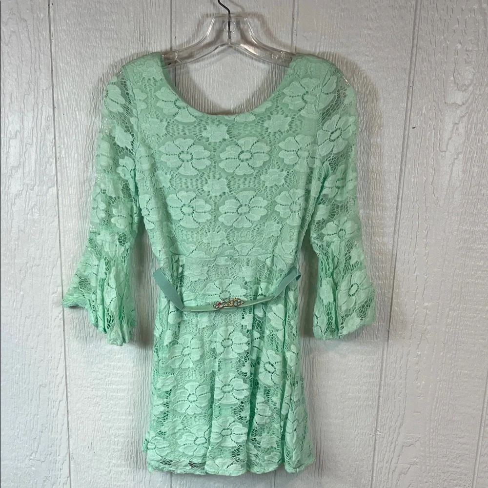 Girls Mint Green Lace Dress with Belt